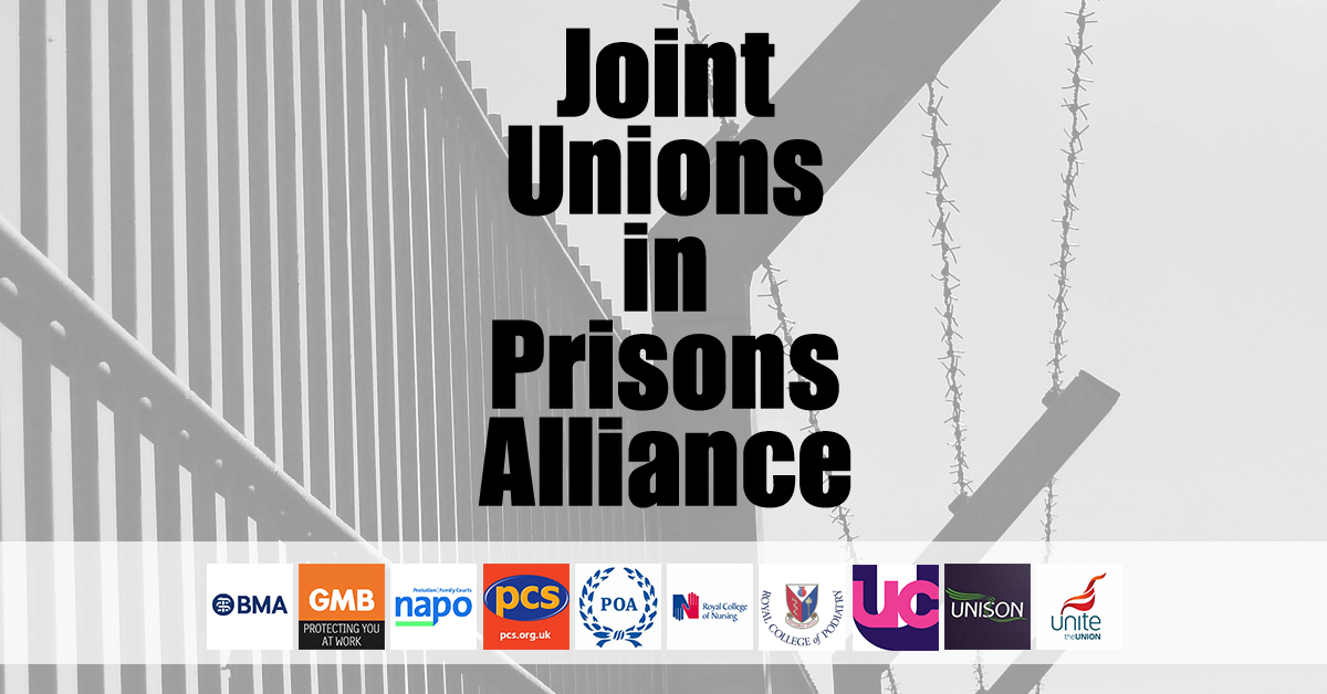 JUPA union logos against prison fence background