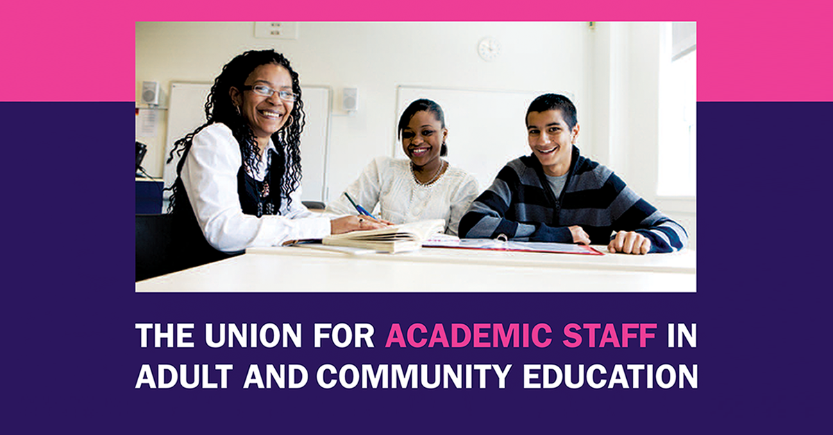 A teacher with two adult students with the wording 'the union for academic staff in adult and community education'