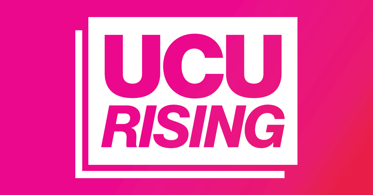 White 'UCU rising' logo on pink background