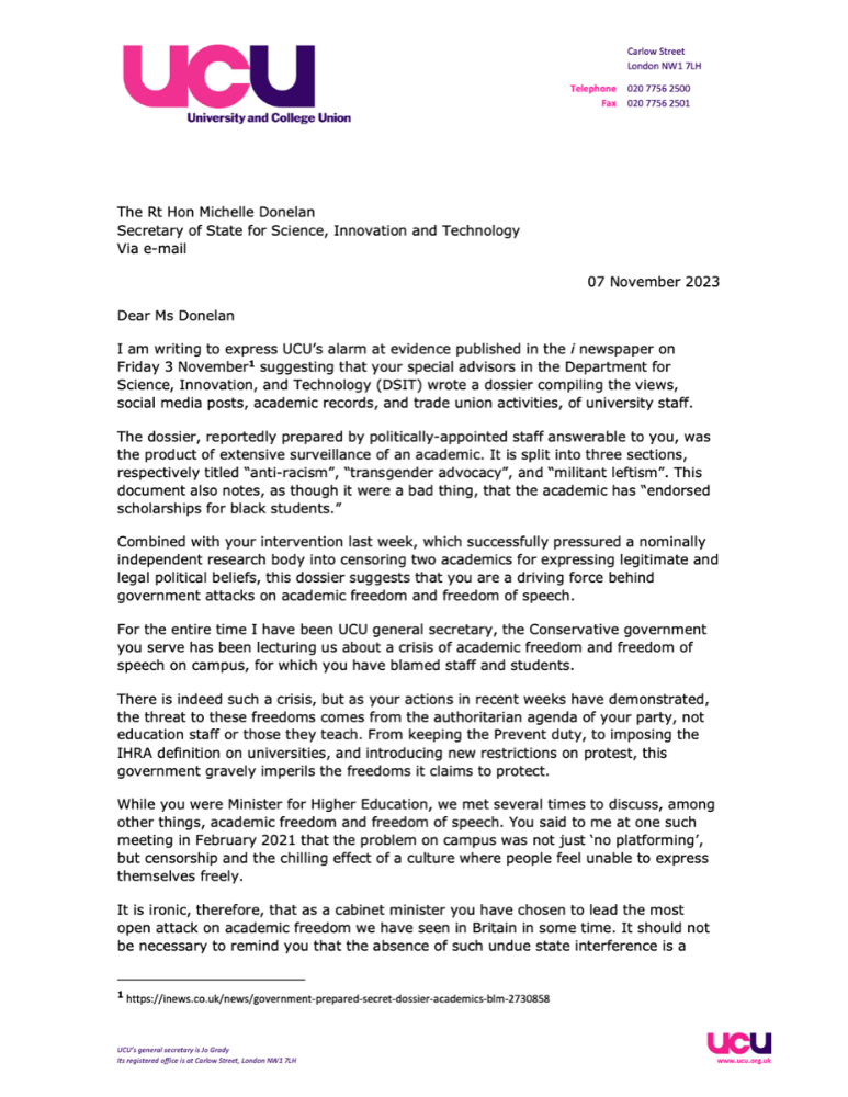 Letter to Michelle Donelan on dossier, 7 Nov 23 - page 1